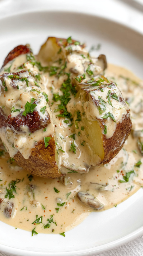 A loaded baked potato with steak bites.
