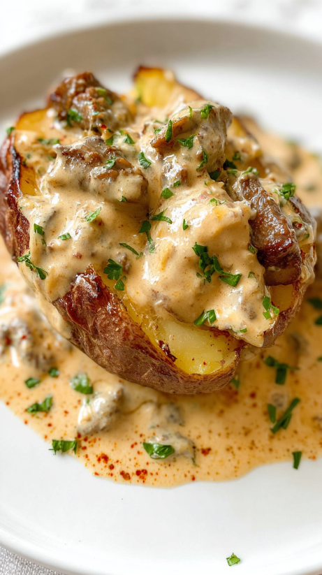 A loaded baked potato with steak bites.