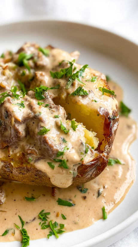 A loaded baked potato with steak bites.