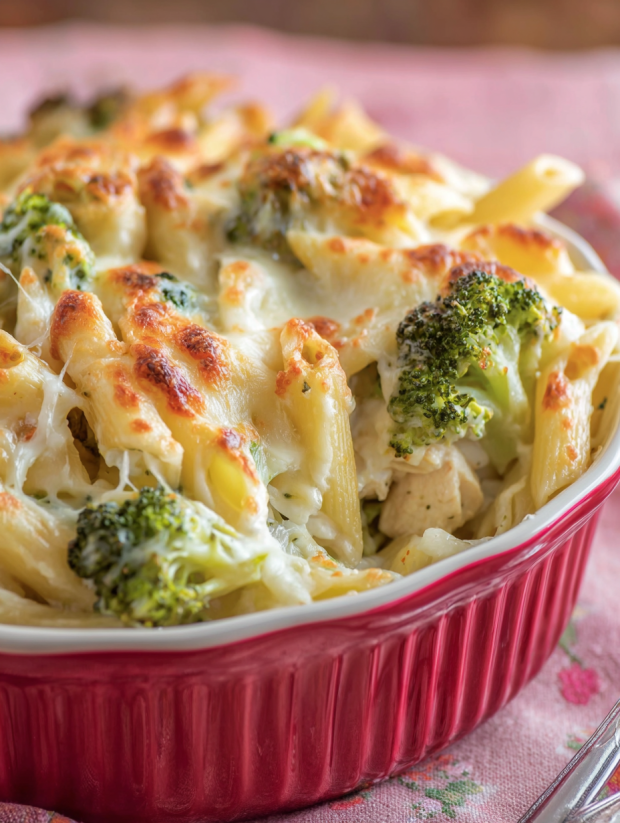 A bowl of cheesy chicken broccoli pasta bake.