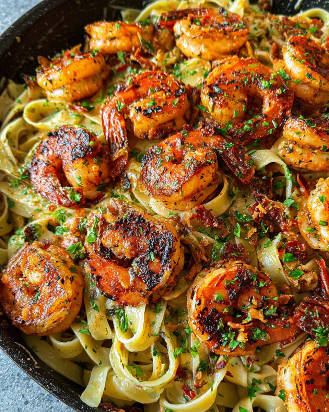 A dish of shrimp and pasta.
