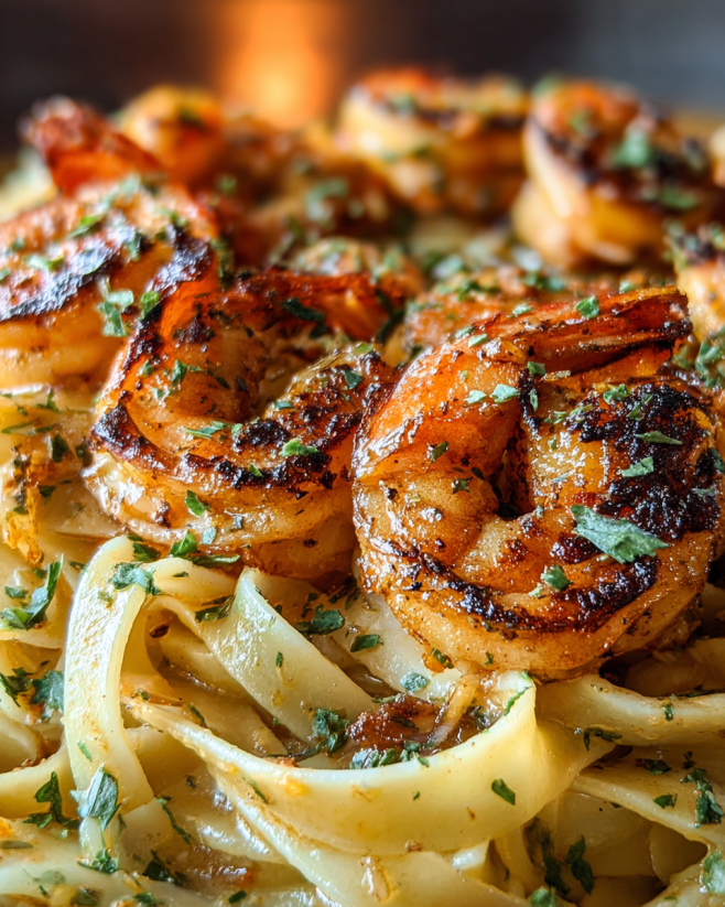 A dish of shrimp and pasta.