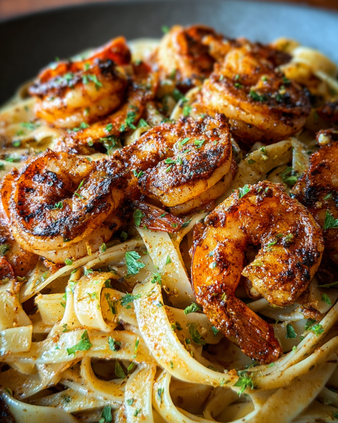 A dish of shrimp and pasta.