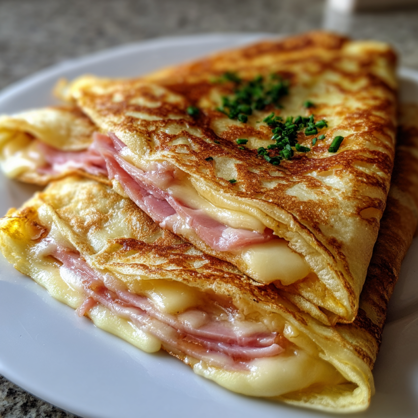 A plate of ham and cheese French crêpes.