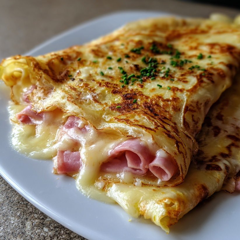 A plate of ham and cheese French crêpes.