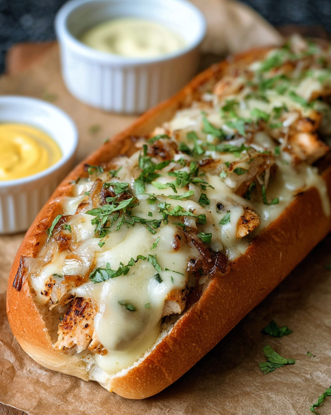 A white BBQ chicken sub with cheese and onions.