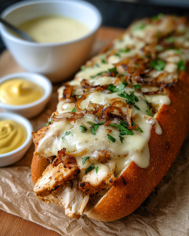 A white BBQ chicken sub with onions and cheese.
