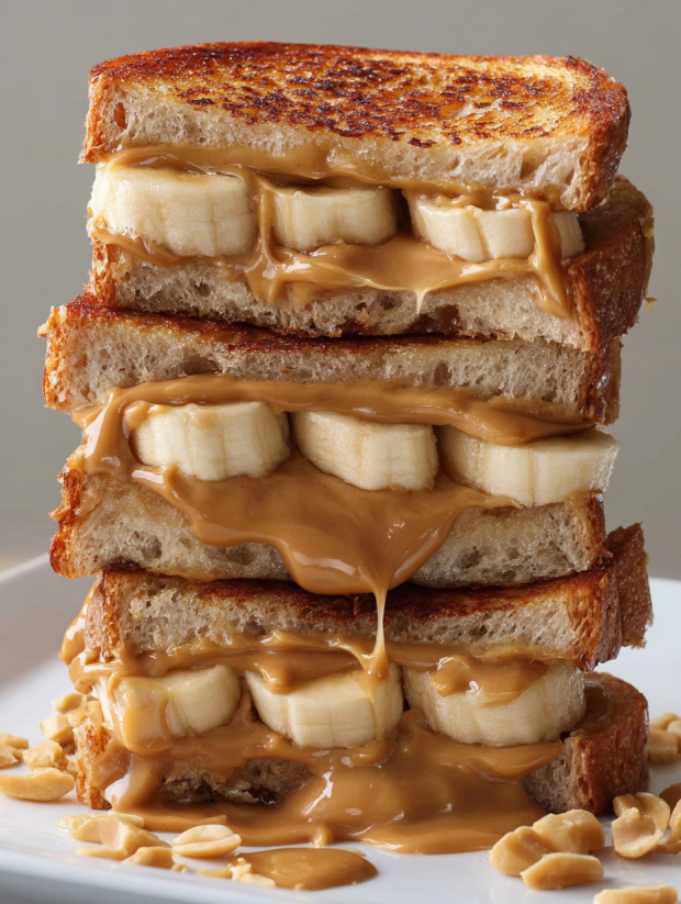 A stack of grilled peanut butter banana sandwiches.