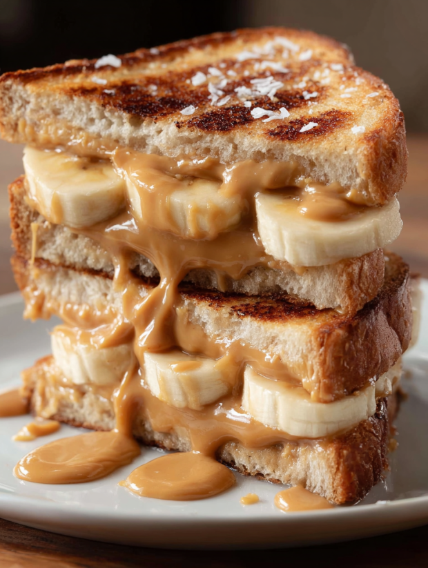 A stack of grilled peanut butter banana sandwiches.