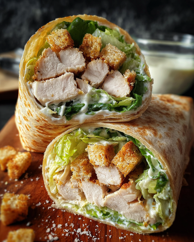 A chicken Caesar wrap with lettuce and cheese.