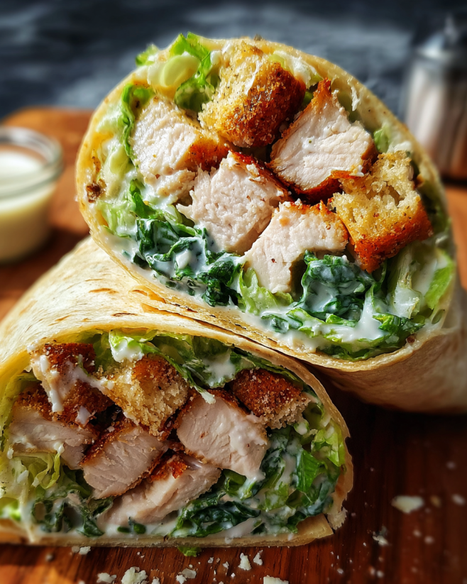 A chicken Caesar wrap with lettuce and cheese.