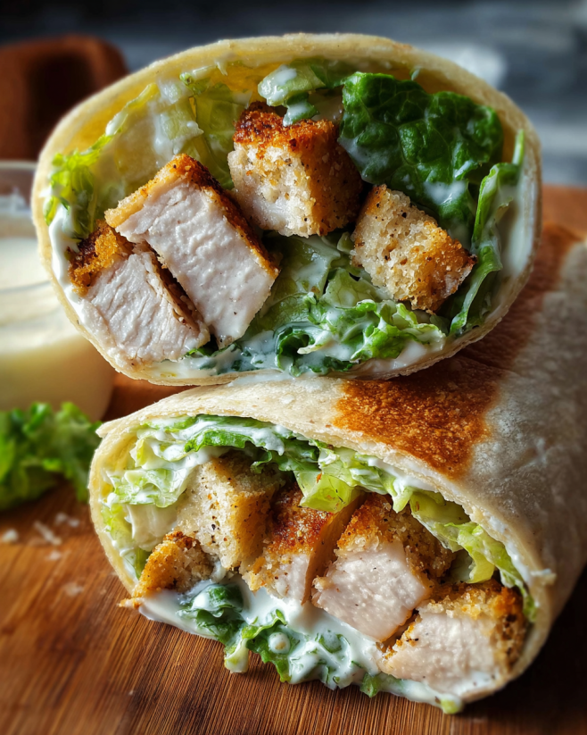 A chicken caesar wrap with lettuce and cheese.
