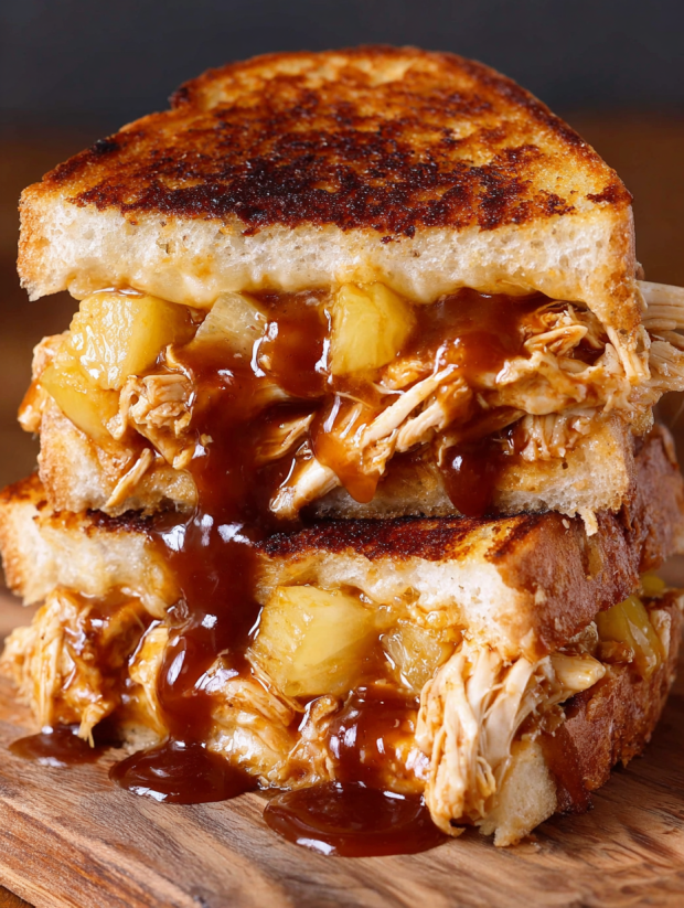 A delicious BBQ chicken pineapple grilled cheese sandwich.