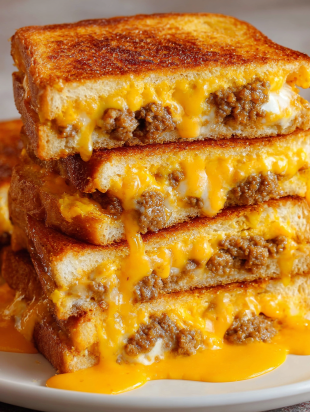 A stack of grilled cheese sandwiches with sausage and egg.
