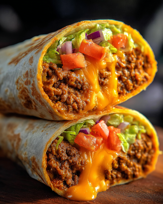 A beefy nacho cheese wrap with tomatoes and lettuce.