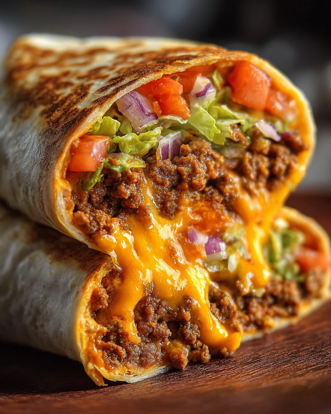 A beefy nacho cheese wrap with tomatoes and lettuce.