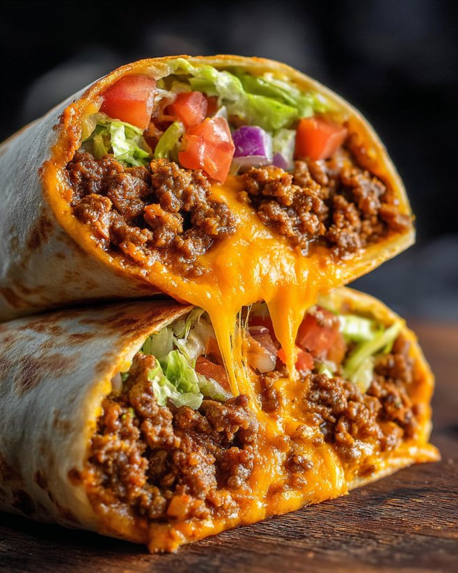 A beefy nacho cheese wrap with tomatoes and lettuce.