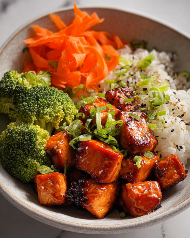 A bowl of food with rice, broccoli, carrots, and meat.