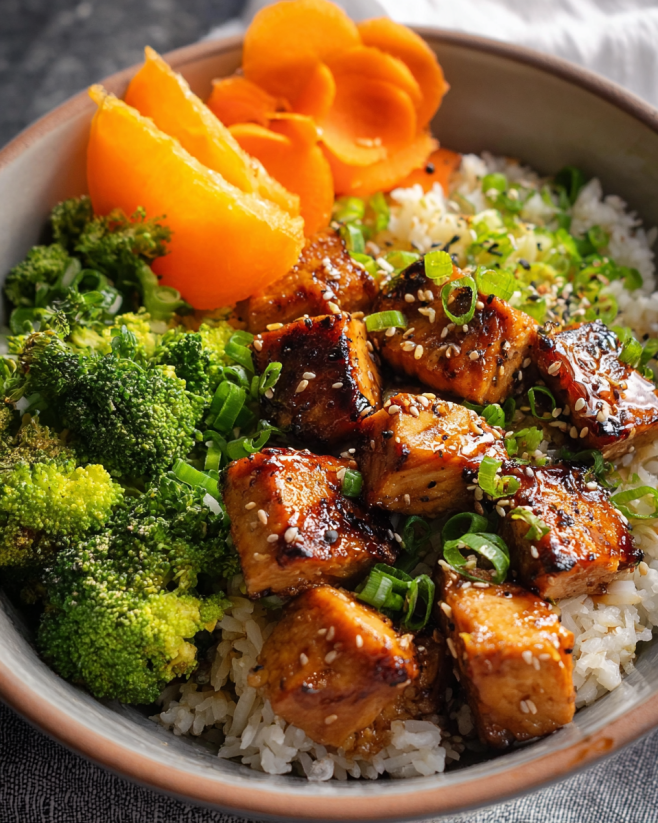 A bowl of food with rice, broccoli, and orange slices.