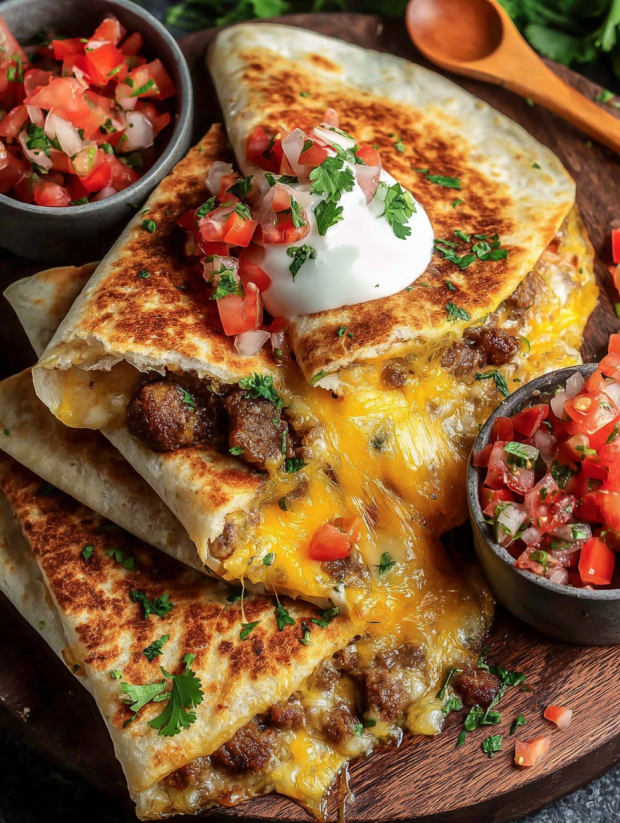 A breakfast quesadilla with eggs and tomatoes.