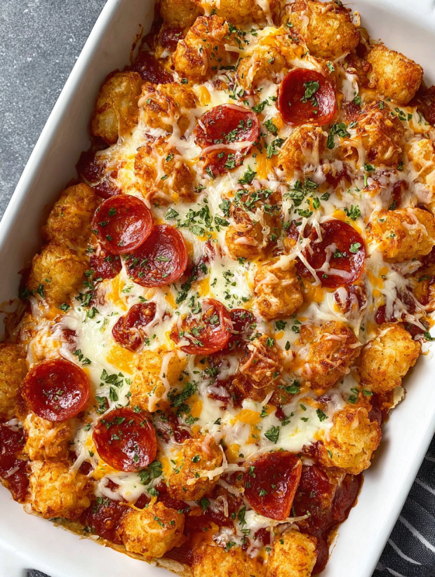A dish of pepperoni pizza tater tots.