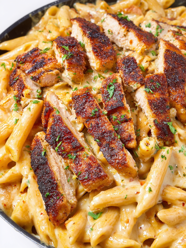A dish of pasta with chicken and sausage.