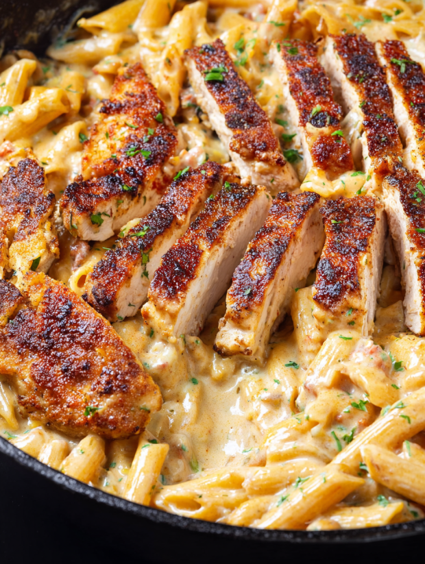 A dish of creamy Italian sausage pasta with Cajun chicken.