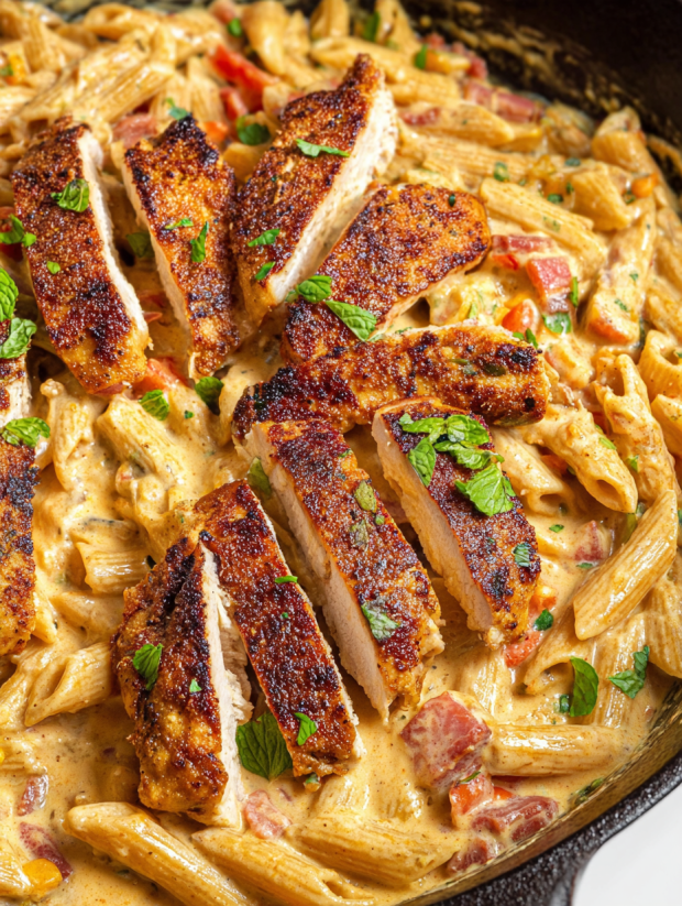 A dish of Cajun chicken and pasta.