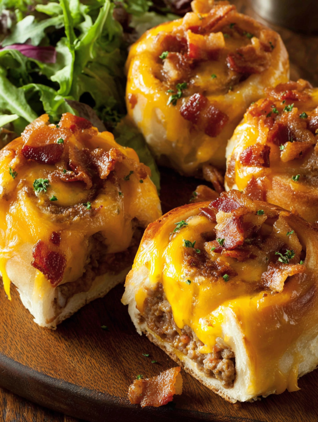Bacon cheeseburger rolls on a wooden table.