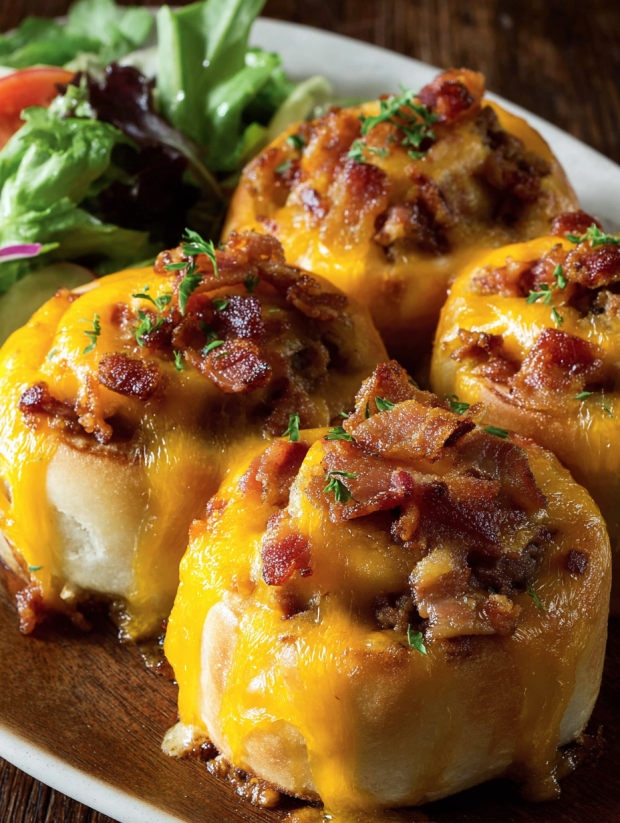 Bacon cheeseburger rolls on a plate.