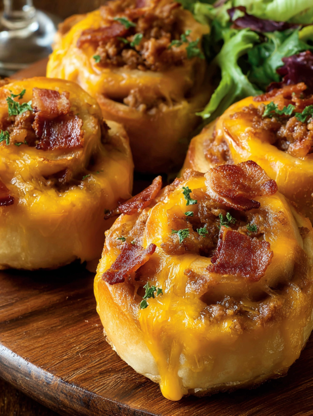 Bacon cheeseburger rolls on a wooden platter.