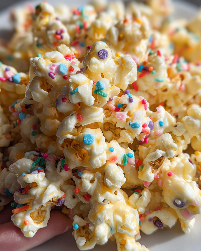 A hand holding a bowl of Funfetti Cake Batter Popcorn.