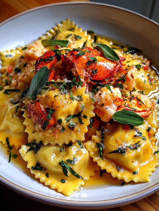A plate of pasta with lobster and butter.