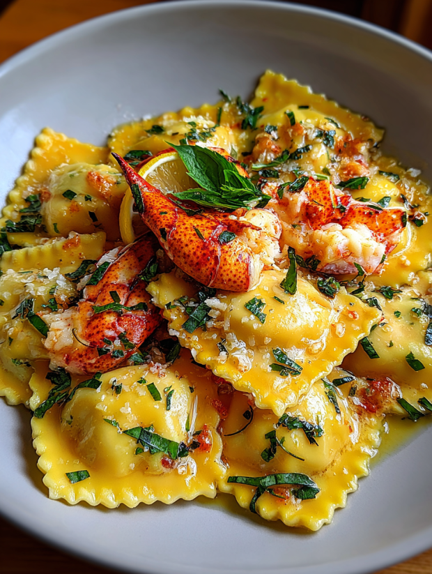 A plate of pasta with lobster and lemon butter.