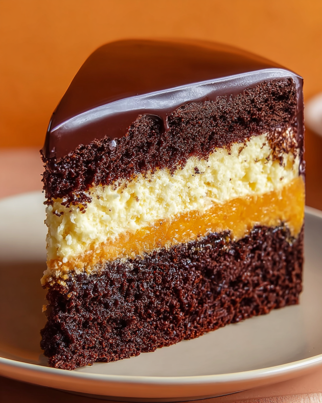 A slice of chocolate orange cheesecake layer cake.
