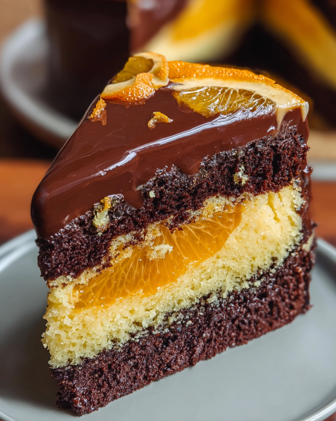 A slice of chocolate orange cheesecake layer cake.