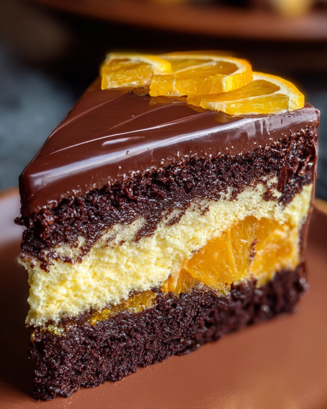 A slice of chocolate orange cheesecake layer cake.