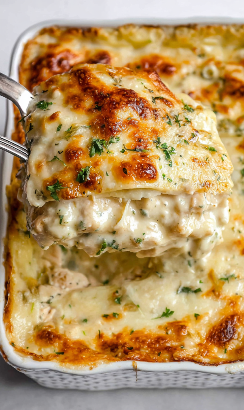 A slice of blackened chicken Alfredo lasagna roll ups.