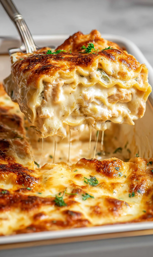 A close up of a lasagna roll up with cheese and chicken.