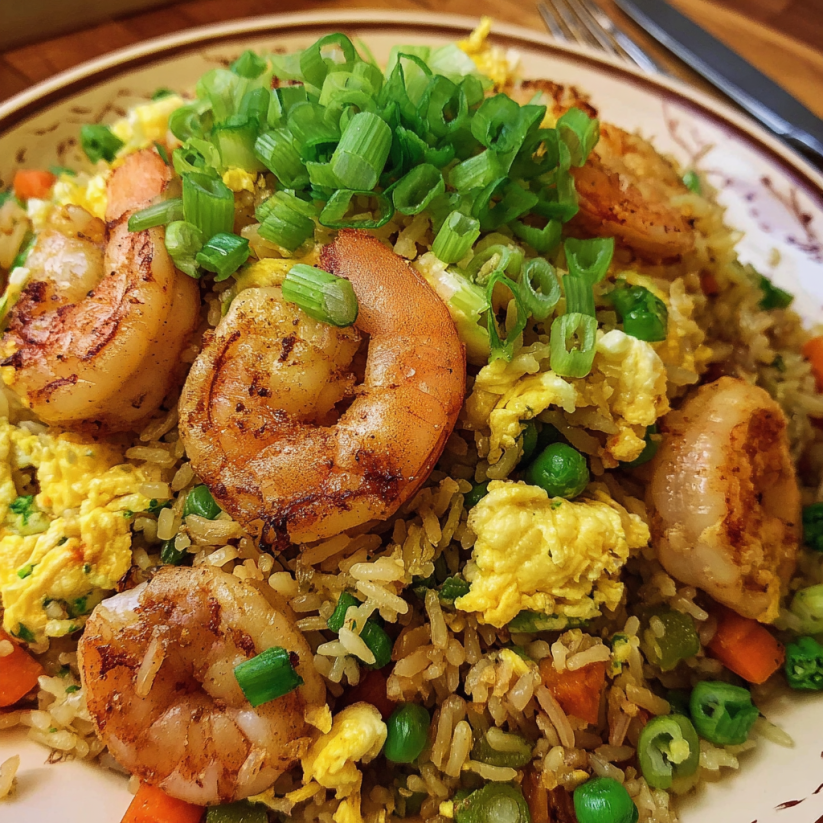 A plate of shrimp fried rice with peas and carrots.