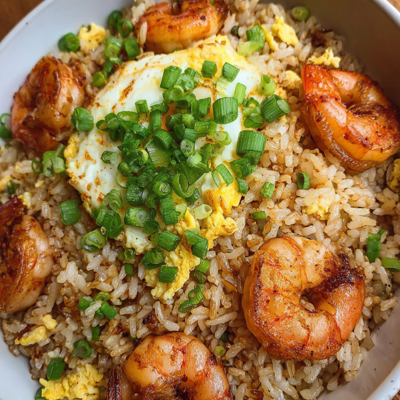 A bowl of shrimp fried rice with a fried egg on top.
