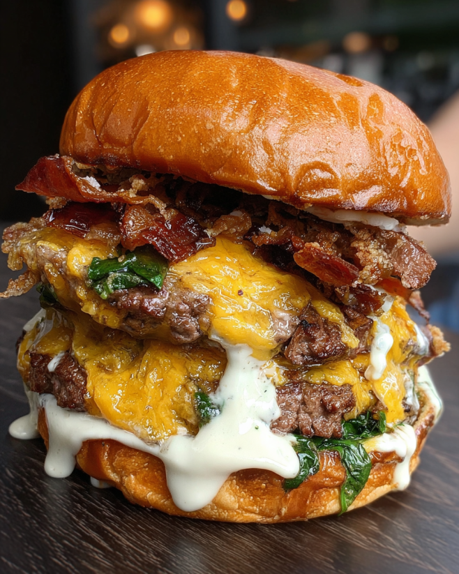 A close up of a burger with baconnaise sauce.