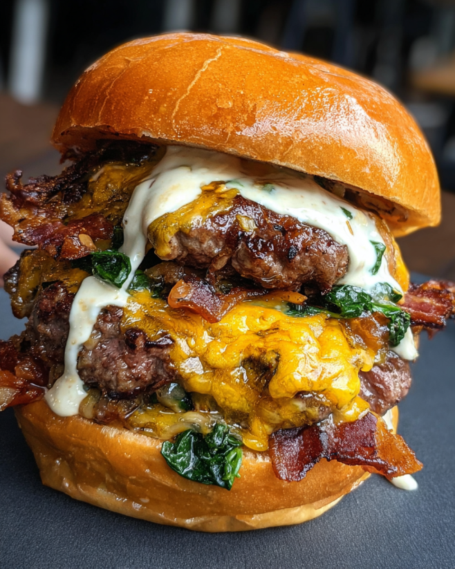 A close up of a burger with baconnaise sauce.