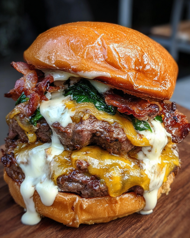 A large burger with baconnaise sauce.