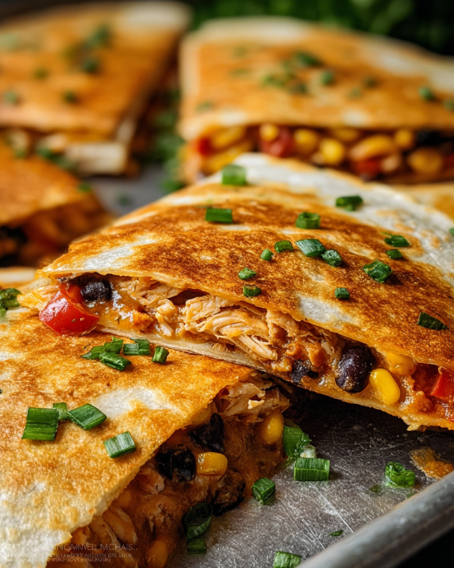A close up of a quesadilla with black beans, corn, and tomatoes.