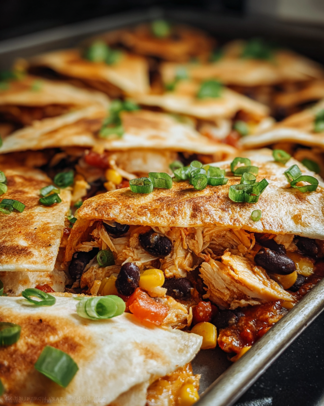 A pan of quesadillas with green peppers and black beans.