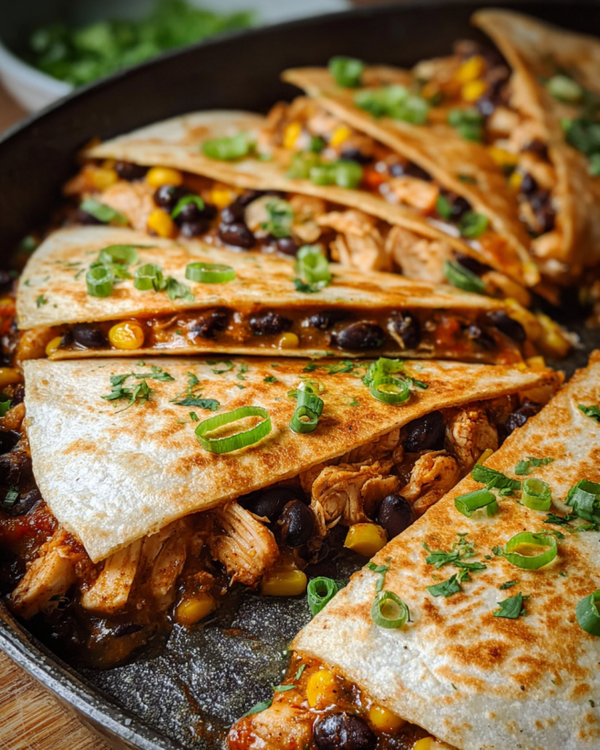 A pan of quesadillas with black beans, corn, and chicken.