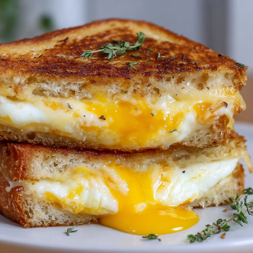 A grilled cheese sandwich with an egg on top.
