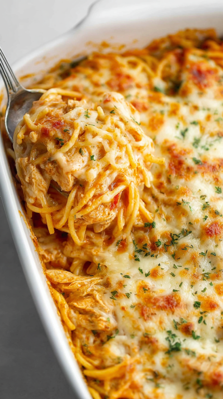 A plate of chicken spaghetti with rotel.