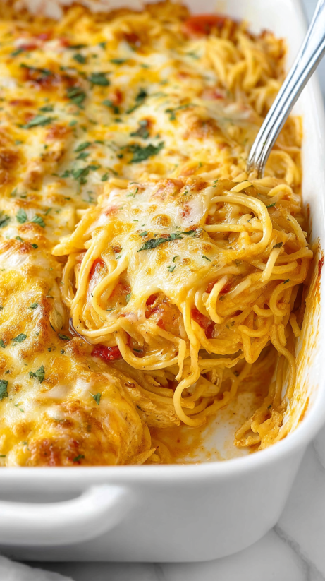 A plate of chicken spaghetti with rotel.